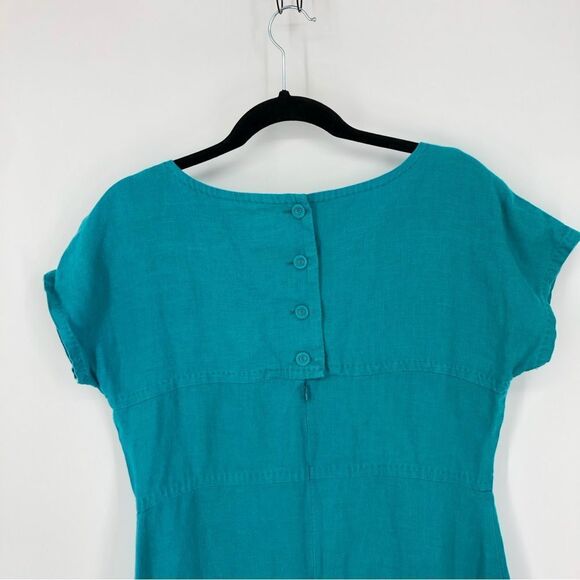 Banana Republic Dress Womens 12 Turquoise Blue 100% Linen Cap Sleeve Tier Stitch - Picture 7 of 14